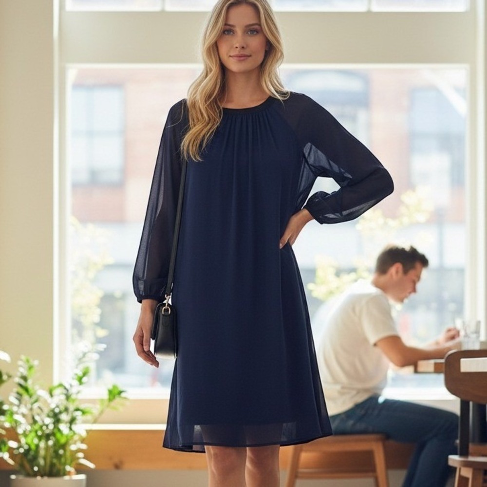 Boden Nerissa Shift Dress Women 8 Navy Sheer Sleeve Minimalist Classic Feminine